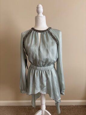 bebe Pleated Jeweled-Neck Long Sleeve Tunic Blouse